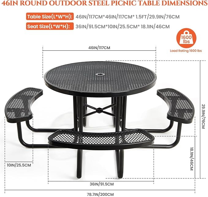 46IN Round Outdoor Picnic Table with Attached Seats, Heavy-Duty Metal Expanded Mesh Patio Table, 1600LBS Load Capacity Commercial-Grade Table for Park, Backyard, Deck, Black