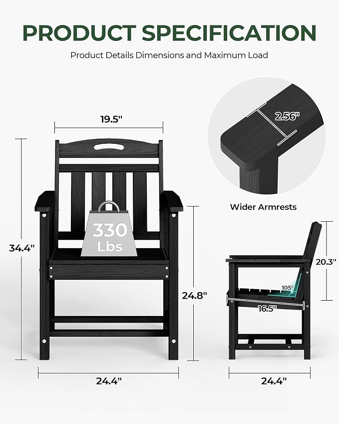 Patio Chairs, HDPE Outdoor Dining Chairs with Wide Seat, All Weather Oversized Porch Chair for Garden, Backyard, Deck - Black