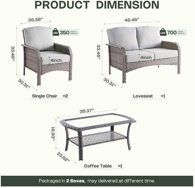 4-Piece Patio Furniture Set, Outdoor Wicker Furniture with Coffee Table, All Weather High Back Loveseat Patio Chairs, Modern Rattan Outdoor Chairs Conversation Set for Porch, Balcony, Garden,Grey