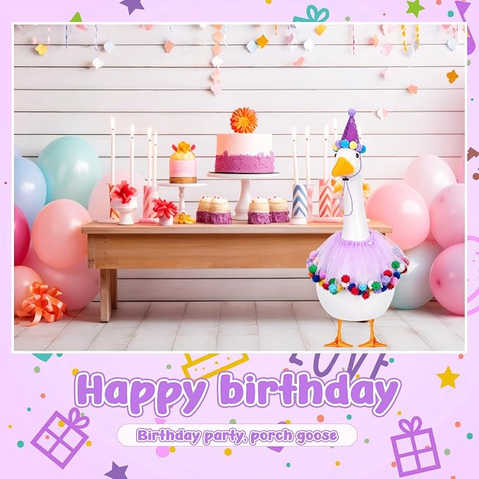 Birthday Porch Goose Outfit Lawn Clothes Hat and Tutu Collar Plastic Outfits for 23" 17" Cement Goose Outdoor Garden Lawn Art Decor (Purple,Tutu Skirt)