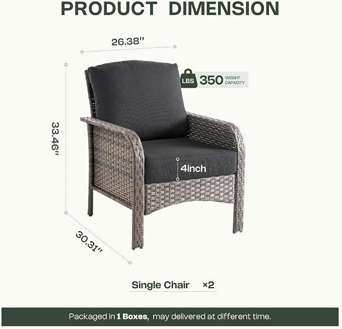 Patio Furniture Set, Outdoor Wicker Chairs of 2, Modern Rattan Outdoor Chairs Conversation Set, All Weather High Back Patio Sofa with Comfy Cushions for Porch, Balcony, Garden, Black