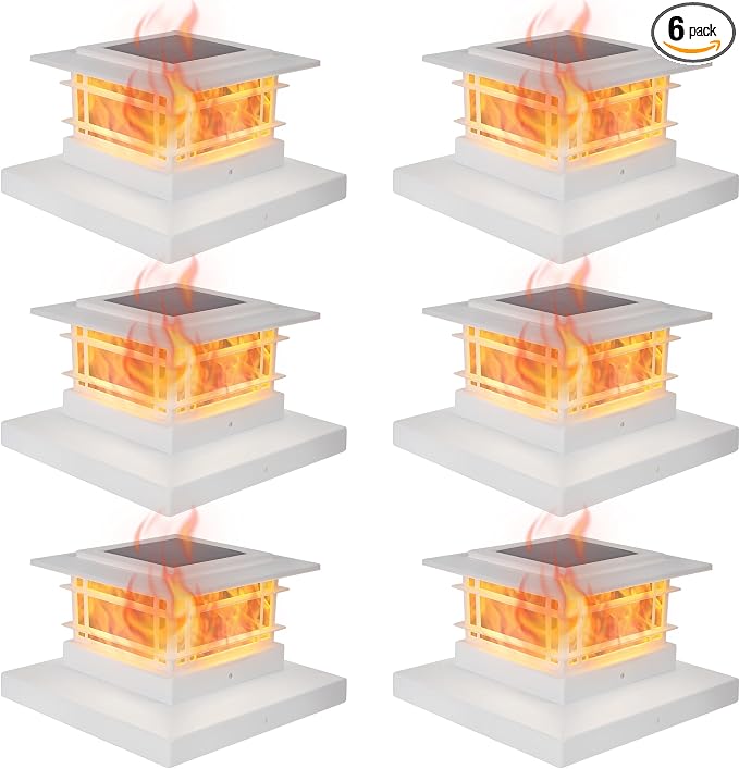 Dynaming 6 Pack Solar Post Cap Lights Outdoor with Flickering Flame Light, White Shell Fence Post Solar Lights Fit 4x4 5x5 Vinyl/Wooden Posts, Brightness LED Lighting Decor for Garden Deck Patio