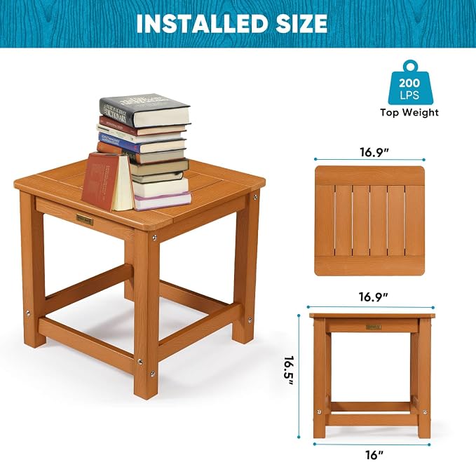 Outdoor Side Table, HIPS Plastic Composite Adirondack Patio Table, Weather Resistant End Tables for Outside, Indoor, Patio, Garden, Pool, Porch, Backyard, Lawn, Deck - Teak