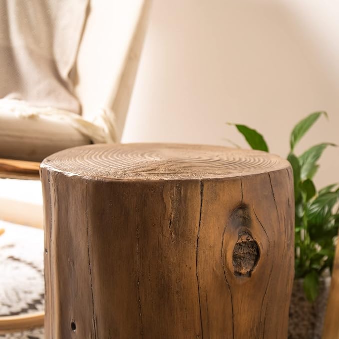 COSIEST Outdoor End Table Black Walnut Colored Faux Wood, Hand-Painted Wood Stump Stool, Ottoman or Plant Stand, Deck or Garden