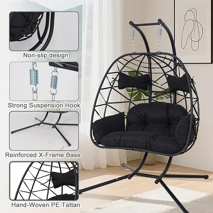 Double Egg-Shaped Hammock Chair, Swing Egg Chair, Wicker Hanging Chair with Removable Washable Cushion