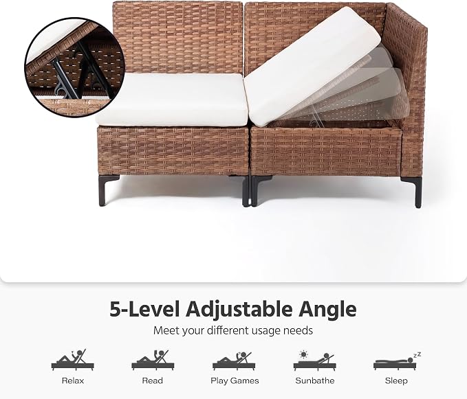 LAUSAINT HOME 6 Pieces Outdoor Patio Furniture Set, PE Wicker Sectional Conversation Sofa with Adjustable Backrests, Storage Ottoman & Wood Table with Umbrella Hole, Beige