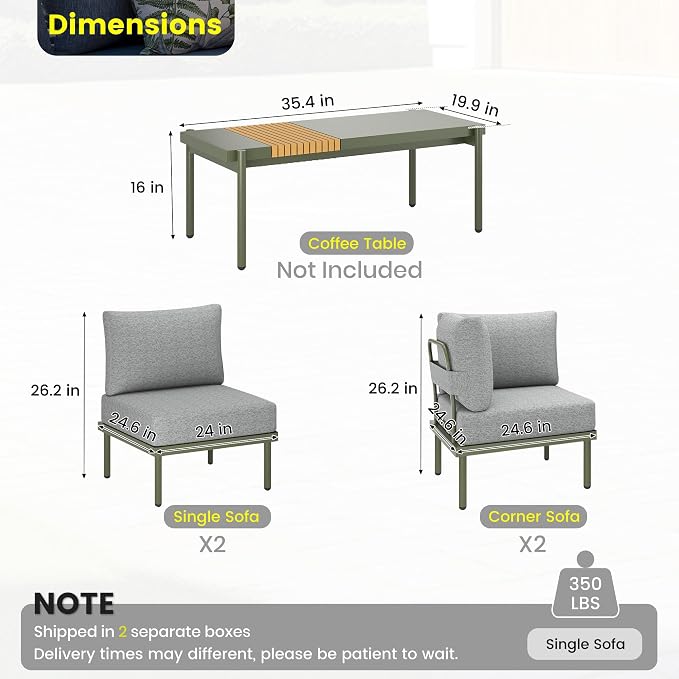 Sundale Outdoor 4 Pieces Patio Furniture Set, Metal Sectional Sofa Patio Conversation Set with 6 Inch Cushions, Modern Patio Corner Couch for Balcony, Porch, Sunroom (Grey/Green)