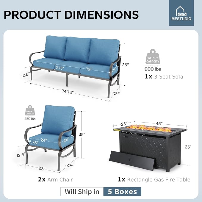 MFSTUDIO 4 Piece Patio Conversation Sets, All Weather Metal Frame Outdoor Furniture Set Patio Sofas with 1 x 45 Rectangular Fire Pit Table, 1 x 3-Seat Sofa, 2 x Sofa Chairs, Navy Cushion