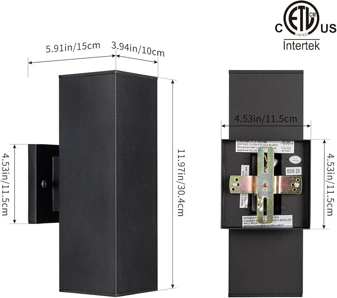 mirrea 12" Modern Outdoor Porch Light in 2 Lights, Matte Black, 2 Pack | Patio wall sconce, aluminum rectangular tube, tempered glass, waterproof. Up & down lighting for outdoor wall mount fixture.