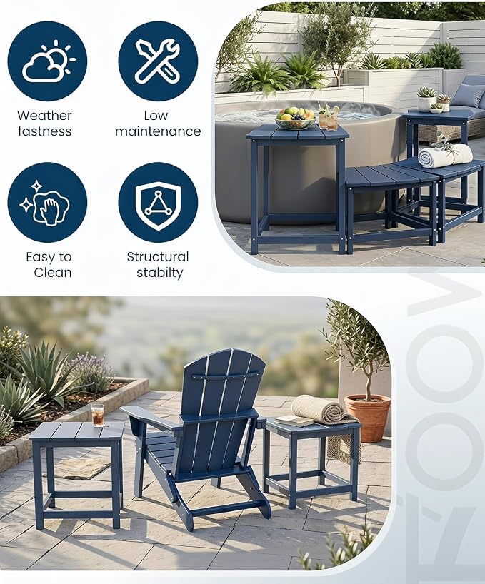 FOOWIN Adirondack Side Table Set of 2, 2-Tier Outdoor Side Table Weather Resistant, 40"& 60" H Small Patio Table Set, Purespa Accessory Bench Set for Outdoor or Indoor Use, Blue