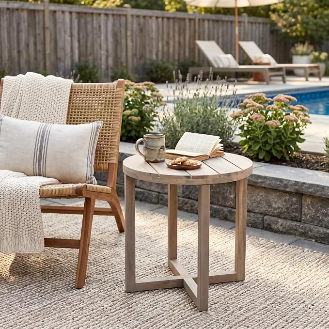 Merax Acacia Outdoor Wood Round Accent Side Table, Cross Base Design with Slat Detailing, Weather-Resistant, Light White