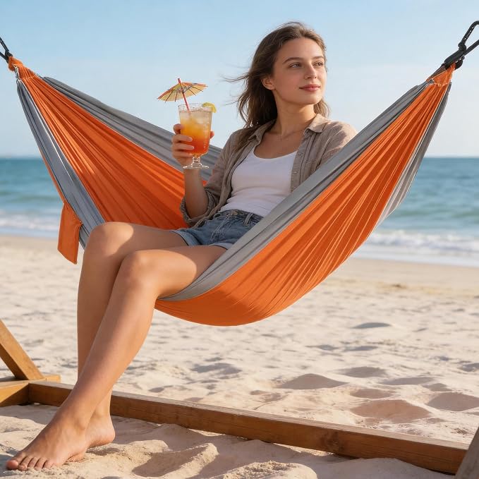 Adult Double Camping Hammock, 10ft x 6.5ft (300x200cm), Orange and Gray, 210T Nylon, 500 Lbs Weight Capacity, Portable with Storage Bag, d-Rings & Wide Straps, Breathable & Durable for Outdoor, Campin