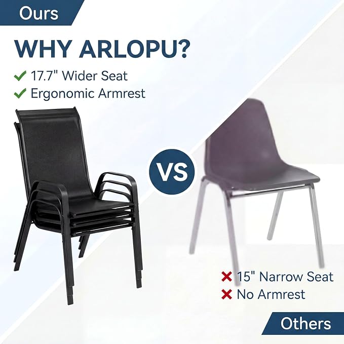 Arlopu 7-Piece Outdoor Table and Chairs for 6, Outdoor Dining Set W/Rectangle Glass Table and Patio Textilene Stackable Chairs, Patio Furniture Set W/Umbrella Hole (Grey Table & Black Chair)