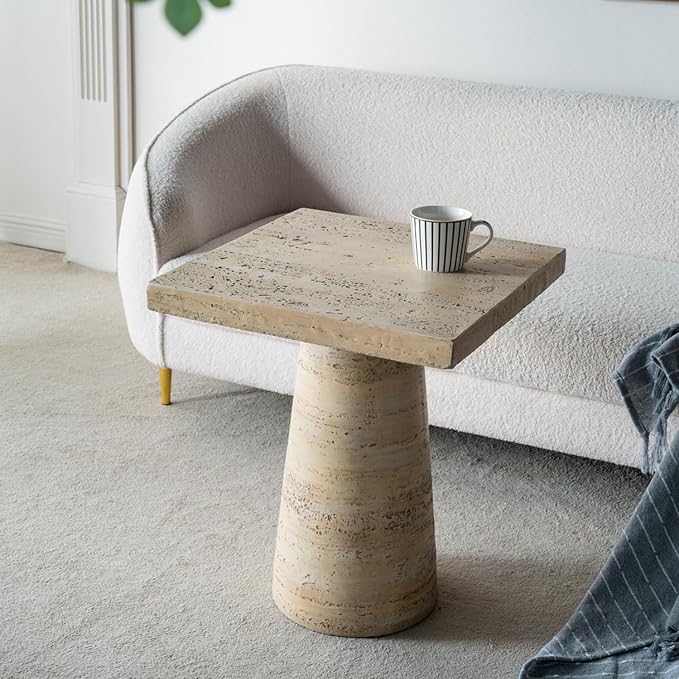 Faux Stone Side Table Square End Table, Small Drink Table for Small Spaces, Rustic Pedestal End Tables Farmhouse Nightstand for Living Room Bedroom Corners Office -Cream