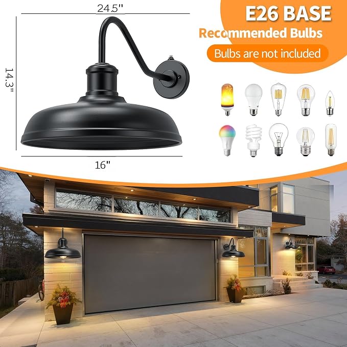 16 Inch Dome Dusk to Dawn Gooseneck Barn Light Outdoor, Black | Large Farmhouse Exterior Lighting Fixture, Industrial Outdoor Wall Sconce Outside Lantern for House, Porch, Garage