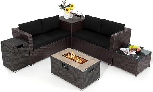 Tangkula 6 Pieces Patio Wicker Furniture Set with 32 Inches Propane Fire Pit Table and Tank Holder, Outdoor Conversation Set with Storage Box and Coffee Table, 2 Waterproof Covers Included (Black)