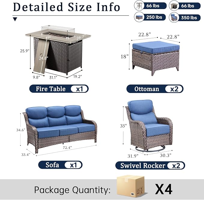Luxury High Back Outdoor Furniture 6-Inch Thick Cushions with 50,000 BTU Gas Propane Fire Pit Tablet, Patio Furniture Set with Swivel Chairs, 6 PCS for Porch, Balcony, Deck and Yard