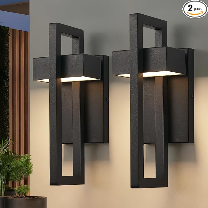 LED Outdoor Wall Sconce Modern Exterior Lighting Fixtures, Matte Black Outdoor Front Porch Lights LED Outside Wall Mount Lights for House, Hallway, Warm White 3000K, 2 Pack