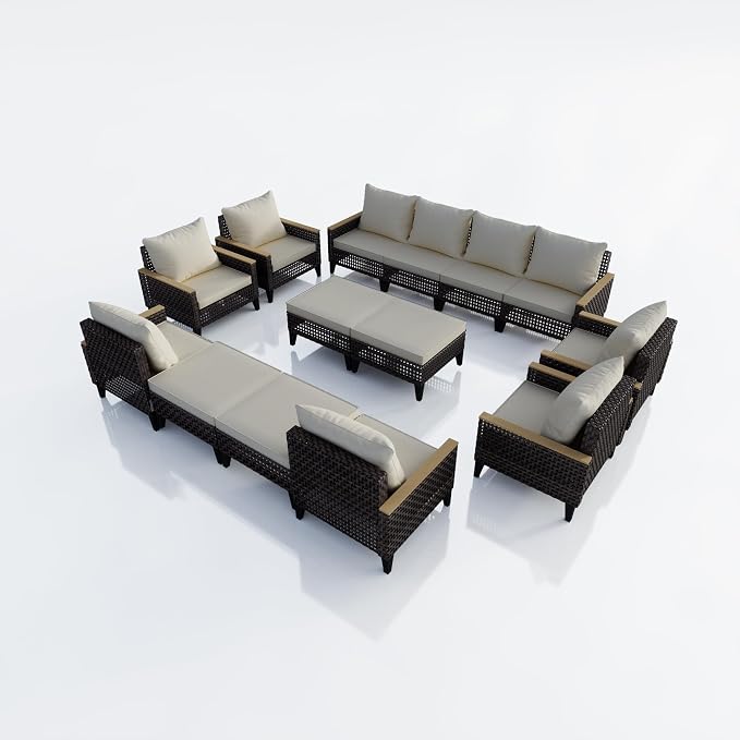 14 Pieces Patio Furniture Set, Wicker Rattan Outdoor Conversation Sets with Footstool, Modular Sectional Seating Set 2 Three Seater Sofa & 4 Single Armchairs & 4 Ottomans for Home (Beige Cushions)