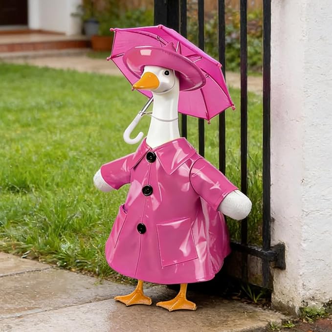 STONESTAR Raincoat Porch Goose Outfits with Umbrella Hat, Goose Spring Outfit Lawn Goose Raincoat Clothes Costume Fits 23" Geese Statue, Summer Garden Lawn Patio Yard Outdoor Decor (Raincoat-Pink)