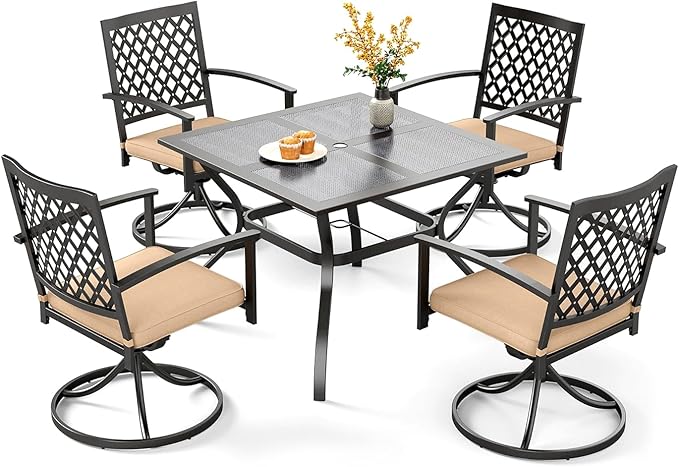 PHI VILLA Patio Dining Set for 4, Swivel Chairs& 37" Square Steel Table | 37” Square Metal Table &Swivel Wrought Iron Chairs with Cushions,Outside Furniture Set for Patio,Deck,Yard,Porch