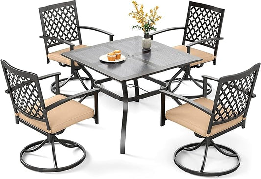 PHI VILLA Patio Dining Set for 4, Swivel Chairs& 37" Square Steel Table | 37” Square Metal Table &Swivel Wrought Iron Chairs with Cushions,Outside Furniture Set for Patio,Deck,Yard,Porch