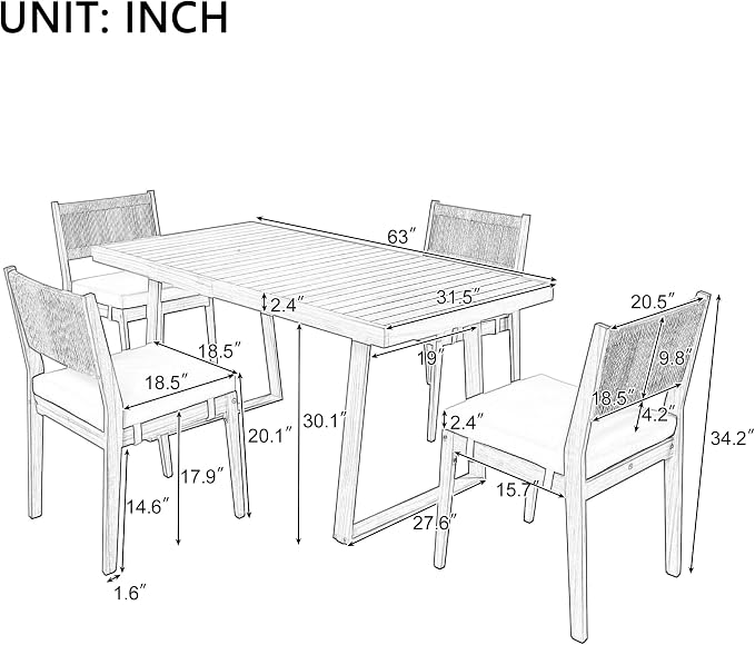 LUMISOL 5 Piece Outdoor Dining Table Set, Acacia Wood Dining Table and Chairs Set with Thick Cushions, Farmhouse Kitchen Table Set for Indoor and Outdoor, Beige
