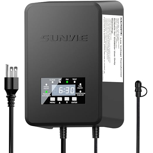 SUNVIE 200W Landscape Lighting Transformer Outdoor Low Voltage Landscape Transformer with Timer and Photocell Sensor Waterproof 120V to 12V/14VAC Low Voltage Transformer for Landscape Garden Lights | 120V to 12V/14V AC Landscape Lighting Transformer, W...