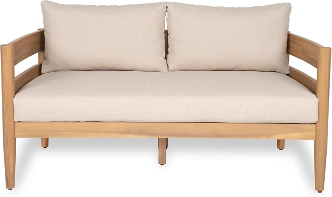 Christopher Knight Home Kayim Patio Loveseat Coffee Table Set with Curved Arm and Backrest, Acacia Wood Conversation Sofa Chat Set, Outdoor Furniture Set for Backyard Deck, Light Teak+Beige