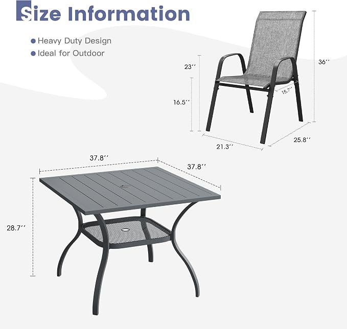 VICLLAX Square Patio Dining Set for 4, Metal Slatted Patio Table with Umbrella Hole and Stackable Patio Chairs for Deck Lawn Garden, Grey Fabric and Dark Grey Tabletop