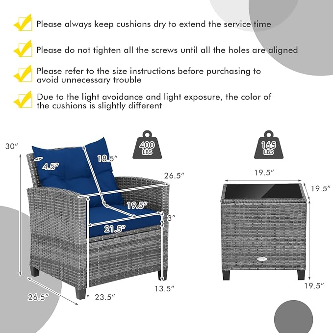 COSTWAY 3-Piece Patio Furniture Set, Outdoor Wicker Rattan Sofa with Cushions, Coffee Table with Tempered Glass, Conversation Sofa Set for Poolside Backyard Balcony (Navy)