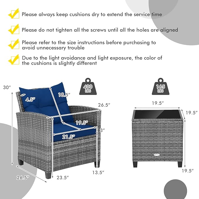 Patio Furniture Set, 3 Pcs Outdoor Wicker Conversation Set with Glass Coffee Table, Patio Chairs w/Washable Cushions, PE Rattan Outdoor Furniture Set for Porch Garden Backyard (Navy)