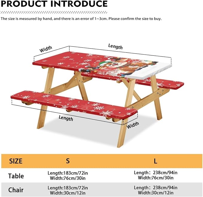 Christmas Reindeer Picnic Table Cover with Bench Covers Elastic Picnic Table Covers Outdoor Table and Chairs Decorative Sets Camping Essentials Suitable for Summer Outdoor Camping