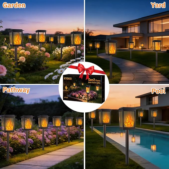 KYEKIO Gen2 Flickering Flame Solar Torch Lights, Large Solar Lights Outdoor | Waterproof for Halloween Decorations, Square Garden Lights Solar Powered, LED Tiki Torches for Outside, Yard Decor, 6 Pack