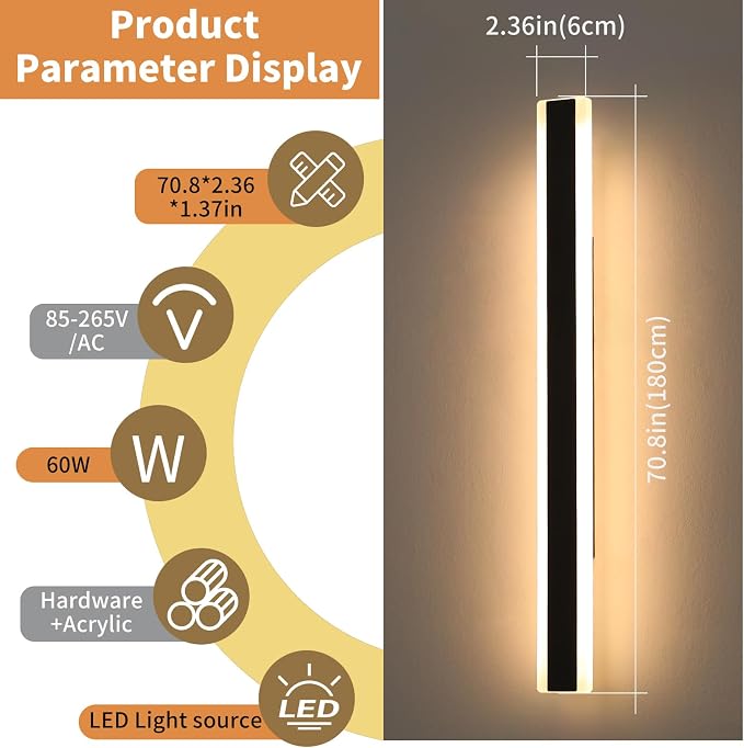 71inch Black Outdoor Wall Lights, 3000K-6000K Dimmable Modern LED Wall Sconce with Remote Control, IP65 Waterproof, Exterior Linear Wall Lighting for Exterior House, Patio, Garden, Yard