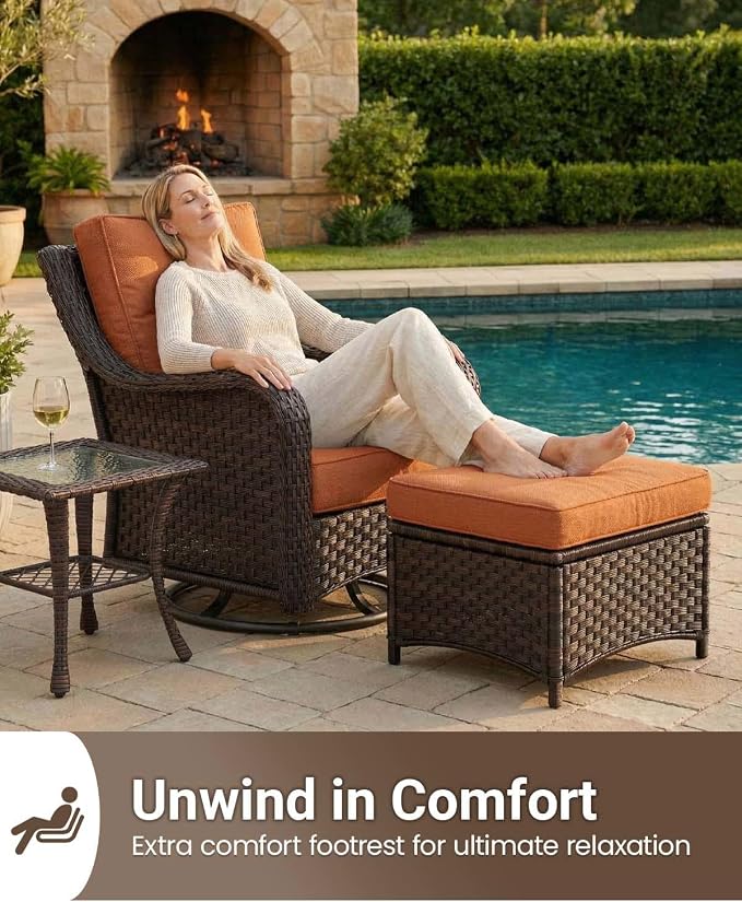 7 Pieces Outdoor Furniture Set with 6-inch Cushions, High Back Wicker Swivel Rocker Chairs with Fire Pit Table, Luxury Conversation Set for Deck Patio and Poolside