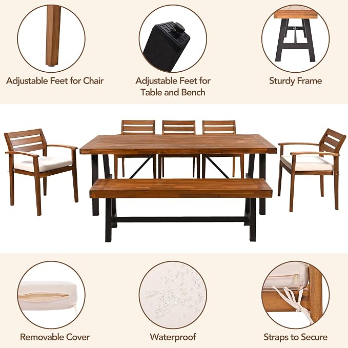 Outdoor Wood Dining Set for 7-8 Person, 7 Piece Outdoor Dining Table Set with Bench and Chairs, Acacia Wood Patio Dining Furniture with Removable Cushions, Adjustable Feet, Acacia wood Color
