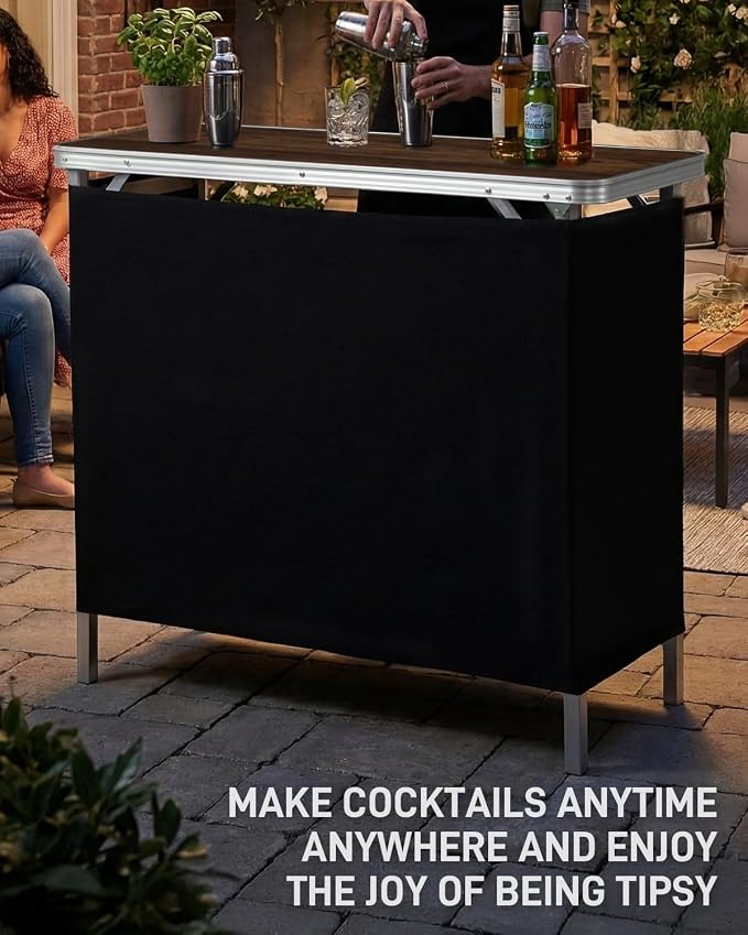 Outvita Portable Bar Table, Outdoor Folding Mobile Bar Counter with 2 Tier Shelves and Black Skirt for Wedding Party Birthday Commercial Activity Musical Festival 39 "L x 34" H