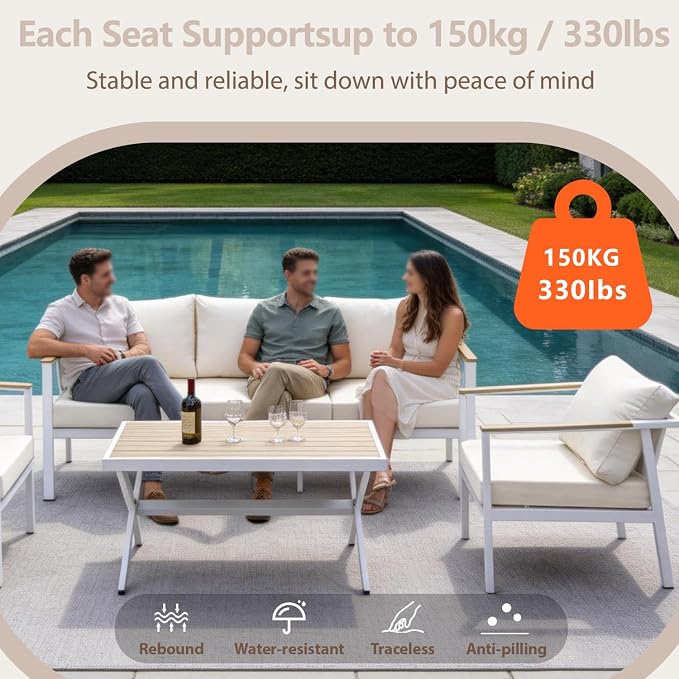 Aluminum Patio Sectional Furniture Set,4 piece Patio Conversation Sets Outdoor Patio Furniture Set Sofa with Coffee Table & Washable Cushions White