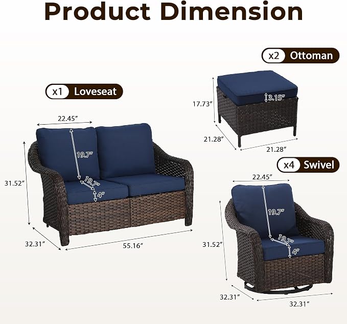 7 Piece Patio Wicker Conversation Set, All-Weather Use Outdoor Wicker Loveseat with 4 PE Rattan Ottomans,4 Swivel Chair, Ideal for Porch, Backyard, Balcony, Poolside, Blue