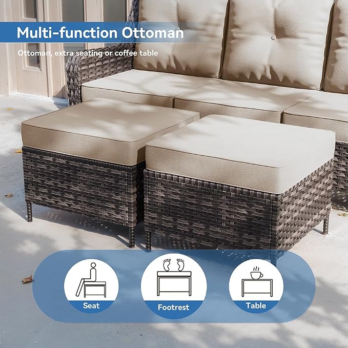 Kurapika 7-Piece Patio Furniture Set, Wicker Thick-Backed Outdoor Swivel Rocking Chair, Includes Coffee Table and Thick Cushions, Conversation Set for Porch,Patio, Sand