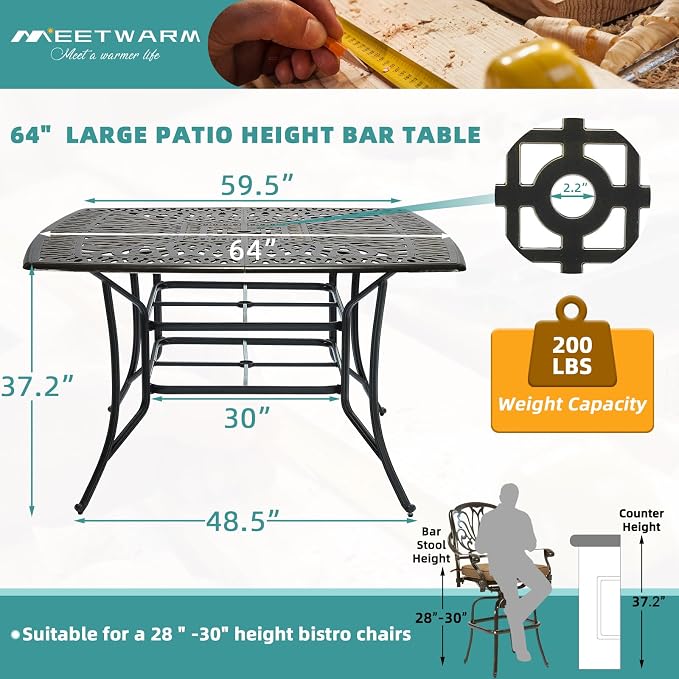 MEETWARM Patio High Bar Dining Table for 8 Person, All Weather Cast Aluminum 64" Large Square High Top Dining Table with 2.2" Umbrella Hole, Patio Bar Height Table for Garden Deck Backyard,Dark Bronze