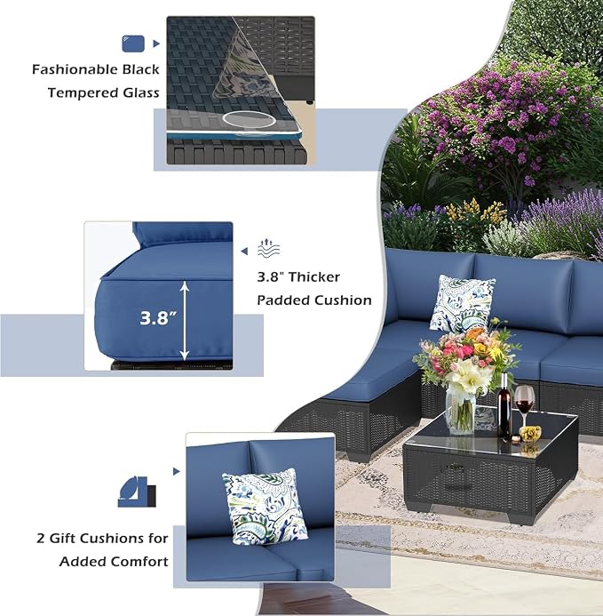 7 Piece Outdoor Patio Furniture Set with Cushions, PE Rattan Wicker Sectional Furniture Chair Set with Tea Table, Modular Patio Sofa for Garden, Backyard, Balcony Outdoor Lounge Area(Beige2)