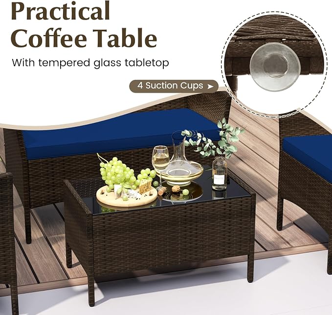 Tangkula 4 Piece Patio Rattan Conversation Set, Outdoor Wicker Furniture Set with Chair, Loveseat & Tempered Glass Table, Cozy Seat Cushions, Outside Sectional Sofa Set for Backyard