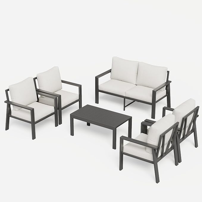 Aluminum Patio Conversation Set 6 Pieces Metal Deck Outdoor Furniture 6-Seat All-Weather Rust-Proof Sectional Sofa Set with Removable Cushion for Balcony, Yard, Poolside & Small Spaces