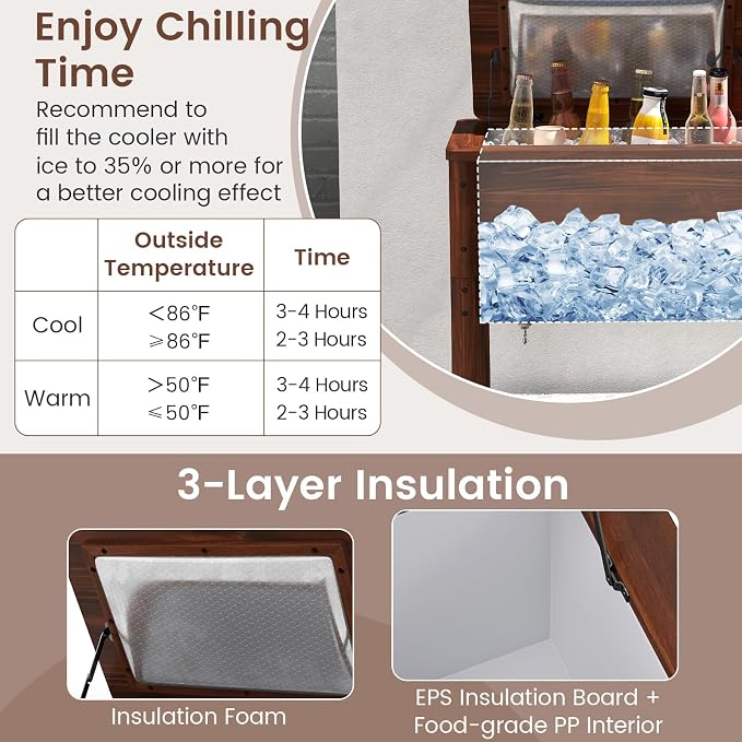 Giantex Wooden Patio Cooler, 54 Quart Outdoor Beverage Cooler Table with 3-Layer Insulation, Built-in Bottle Opener & Drainage Cap, Retro Rustic Pine Wood Ice Chest for Backyard, Poolside, Deck, Party