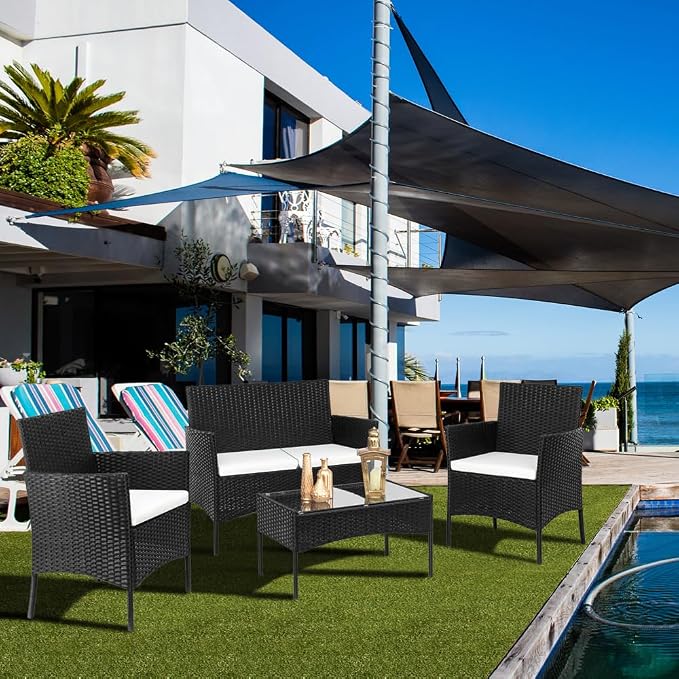4 Piece Outdoor Patio Furniture Set, Wicker Rattan Patio Conversation Set with Loveseat Soft Cushion and Coffee Table for Garden, Backyard, Balcony, Porch, Yard and Poolside, Black