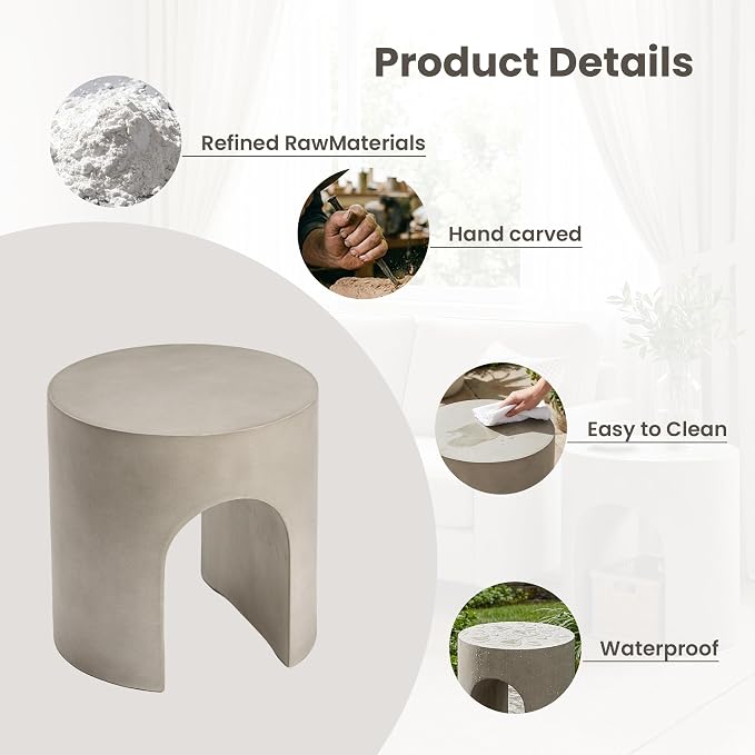 COSIEST Grey Outdoor Side Table, 15.7" Modern Concrete End Table with Arched Open for Patio, Small Round Outside Accent Table & Plant Stand for Garden, Porch, Deck, Balcony