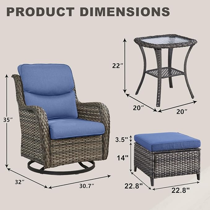Rilyson Wicker Patio Furniture Set - 5 Piece Rattan Outdoor Sectional Conversation Sets with 2 Swivel Rocking Chairs,2 Ottomans and 1 Side Table for Porch Deck Garden(Mixed Grey/Blue/Smile)