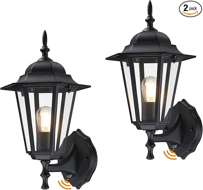 GRUENLICH Outdoor Wall Light Fixture, Rustproof Aluminum, Glass | Dusk to Dawn Exterior Porch Light Wall Sconce Lantern for House, Patio, Garage, Waterproof, E26 Socket 60W Max, Black, 2 Pack